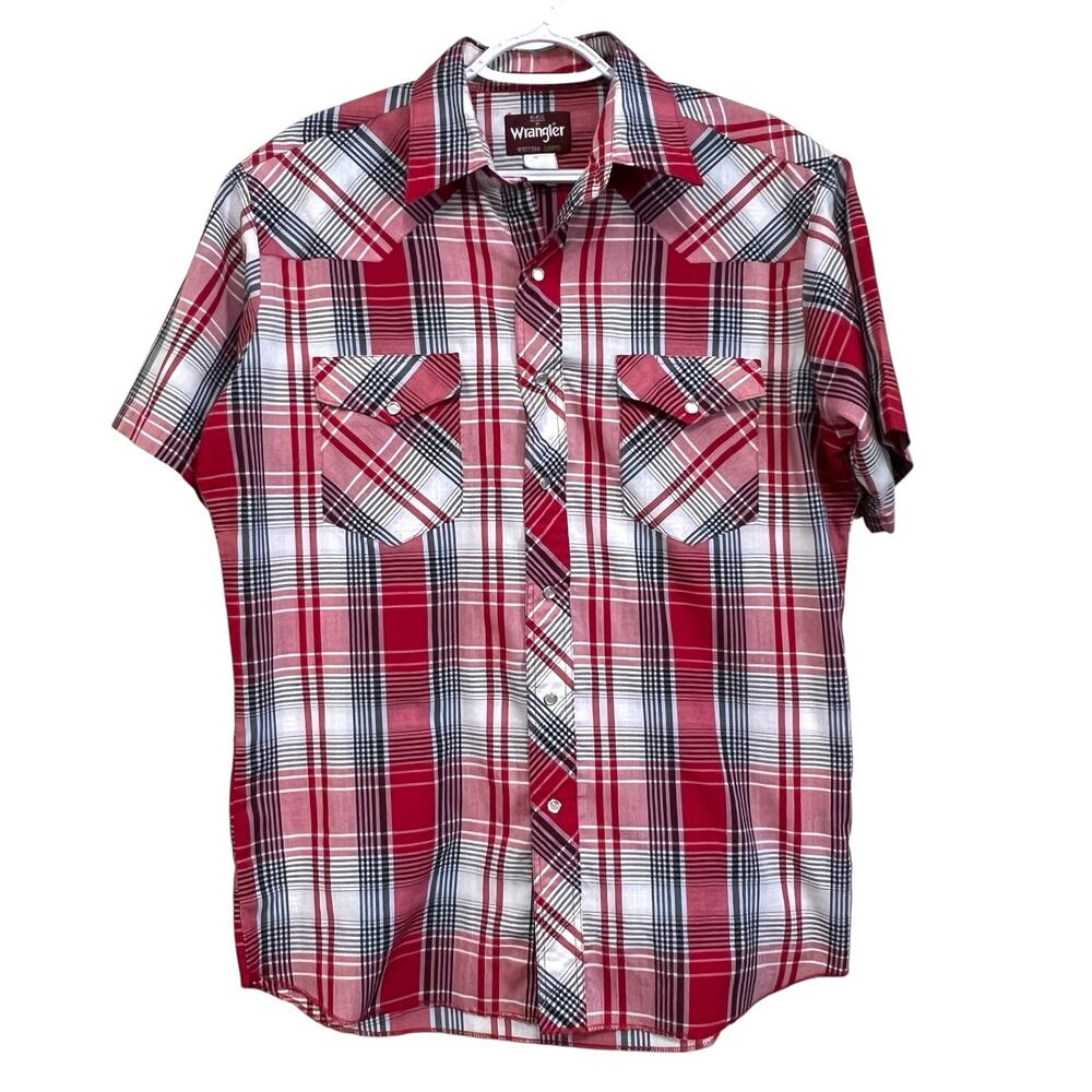 Wrangler Western Shirt Mens M Red Plaid Pearl Snap Short Sleeve Cowboy Rodeo